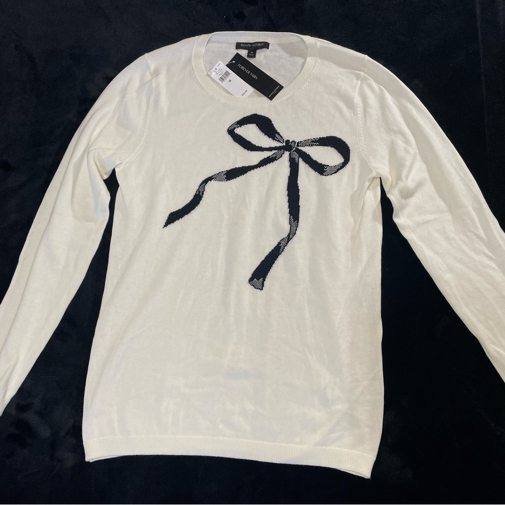 Banana Republic Crew Neck Sweater White and Black Cotton Blend